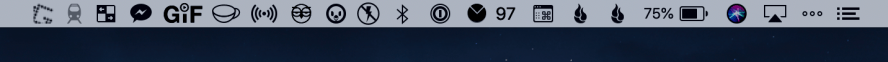 My Bartender menu bar. From left to right, Greenshot, TripMode, BetterSnapTool, ChatMate For Facebook, GIF Keyboard, Amphetamine, Screens Connect, Night Owl, Tweetbot, Turbo Boost Switcher Pro, Bluetooth Preferences, 1Password, Airmail, Keyboard Preferences, Backblaze, Energy Saver Preferences, Siri, Display Preferences, Bartender, Notification Center